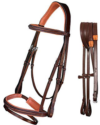 Exion Reittrense Springtrense | anatomisch weich gefüttertes Kronenstück Designer genähtes Stirnband & Flash Nasenriemen Pferdezaumzeug mit griffigen Gummizügeln | Englisches Zaumzeug für Pferde