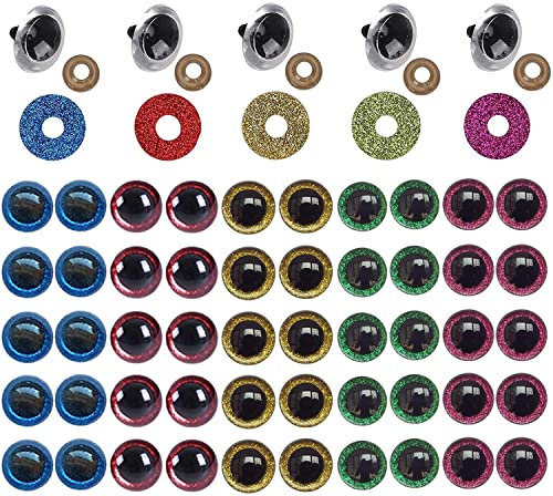 50 Stück Augen Teddy Plastikaugen Puppen Augen Set Sicherheitsaugen Glitzer Bunte Sicherheitsaugen Puppenaugen mit Glitzer mit Glitzer Unterlegscheiben Puppenaugen 20mm für DIY Plüschpuppen