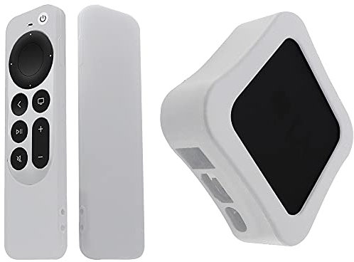 TV Box Silicone Cover Anti-Slip Shockproof Remote Control Protective Case Set for 2021 Apple TV 4K 6Th Generation (White)