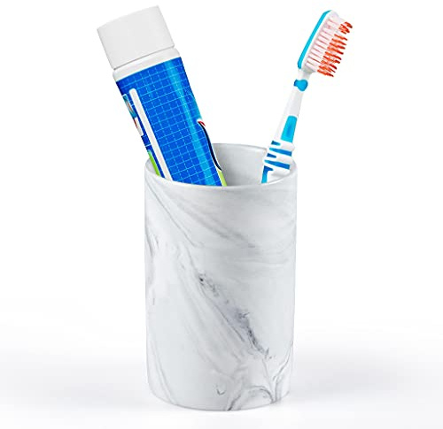 Sanbege Bicchiere da bagno in ceramica, supporto per spazzolino da denti per collutorio, dentifricio, penna, pennello da trucco, organizer per cucchiaini, 300 ml (motivo marmo)