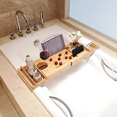 Ruby Lil Luxus-Bath-Bridge-Badewanne Caddy-Tablett, Erweiterbares Natürliches Bambus-Bad-Tablett-Badbrett Mit Ipad, Tablet Und Telefonständer,Double Box