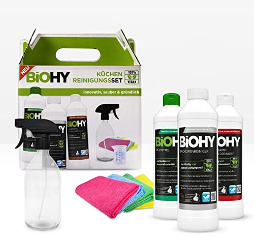 BiOHY Set per la pulizia della cucina | Sgrassatore biologico concentrato | adatto per tutta la cucina | scioglie le incrostazioni ostinate | formula lucida e sgrassante