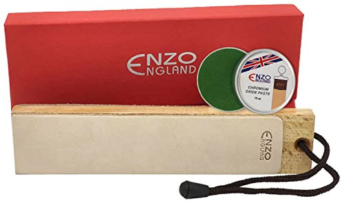 ENZO ENGLAND Leather Strop with Honing Paste Set Sharpening Polishing Paddle Block for Woodworking Knife Stropping | Chisel Fine Paste Buffing Compound for Woodcarving Tools (Chromium Oxide Paste)
