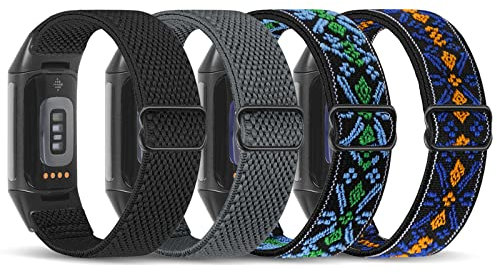 enkic Elastic Nylon Bands Compatible with Fitbit Charge 6/Charge 5 Bands, 4 Pack Soft Adjustable Stretchy Strap Breathable Sport Loop Replacement Wristband for Fitbit Charge 5/Charge 6 Men Women
