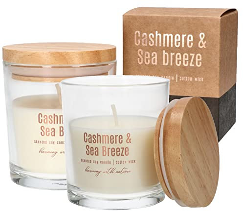 KOTARBAU® 2er Set Sojawachskerze Duftkerze im Glas mit Holzdeckel Cashmere & Sea Breeze