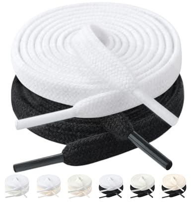 Stepace 2 Pairs Cotton Flat Shoelaces 8mm Shoe Laces for Sneakers, Black+white, 140