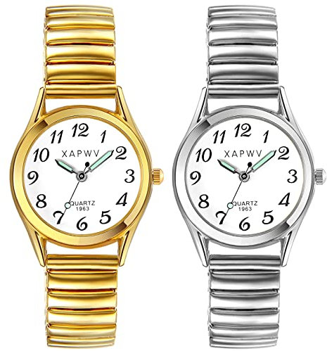JewelryWe 2pcs Damenuhr Elegant Analog Quarz Armbanduhr Damen Geschäfts Beiläufige Uhr mit Elastisch Metall-Armband und Leuchtenden Zeiger Gold/Silber