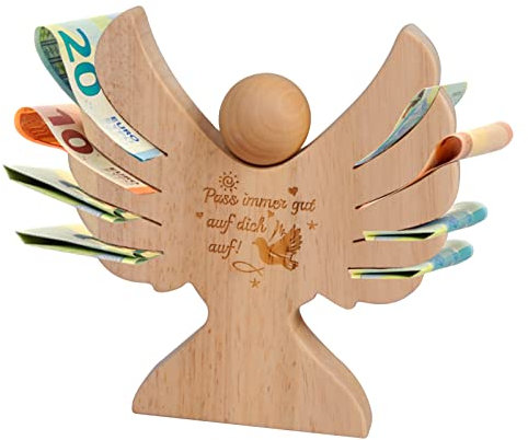 LAMEK Holzengel mit Gravur zur Taufe Schutzengel Kommunion Jungen Holz Taufgeschenk Geldgeschenk Mädchen Jungen Engel Holzfiguren Glücksbringer Gastgeschenk für Kinder