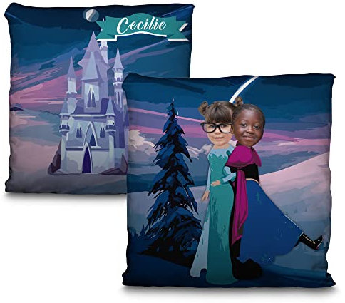 Gefrorene Kissen. Personalisiertes Kissen mit Foto und Namen. Originelle Geschenke. Geschenke für Kinder. Disney-Prinzessinnen. Superhelden. 100% beidseitiger Druck. Inklusive Füllung. ELSA UND ANA