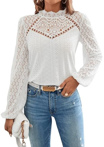 GORGLITTER Chemisier élégant pour femme à col montant - Haut chemisier à manches longues en dentelle - Tunique blouse avec manches lanternes, Blanc., S