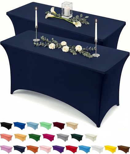 Utopia Kitchen Spandex Tablecloth 2 Pack [8FT, Navy Blue] Tight, Fitted, Washable and Wrinkle Resistant Stretch Table Cloth Rectangle Cover for Trade Show, Weddings & Parties [96Lx30Wx30H Inch]