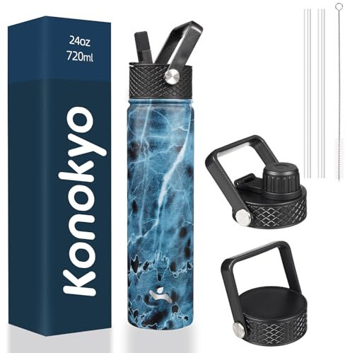 Konokyo Insulated Water Bottle with Straw,24oz 3 Lids Metal Bottles Stainless Steel Water Flask,Marble Ocean