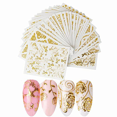 JiangbihanXX 20 Sheets 3D Gold Glitters Nail Stickers Nail Decals Nail Art Designs Self-Adhesive DIY Manicure Decoration Kit for Women Girls