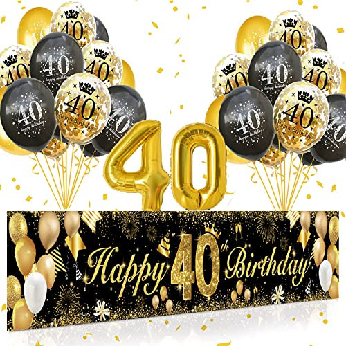 40 Geburtstag Dekoration Männer Frauen,40.Geburtstag Deko Banner Hintergrund und Schwarzes Gold luftballons Konfetti Luftballon für 50th Jubiläum Geburtstagsparty Supplies Dekor