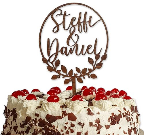 Suzu Papers Cake Topper Hochzeit Holz personalisiert mit Vornamen des Brautpaares - Tortentopper Hochzeitstorte und Hochzeitstorte Topper (Walnuss)