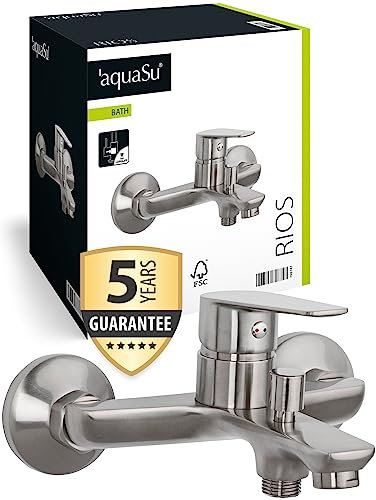 'aquaSu® Wannenarmatur Rios mit Umsteller, Typ 1/2 '' Brauseabgang unten, Wandbefestigung, Standard S-Anschlüsse, Keramikkartusche, Messingkern, Edelstahl, 798747