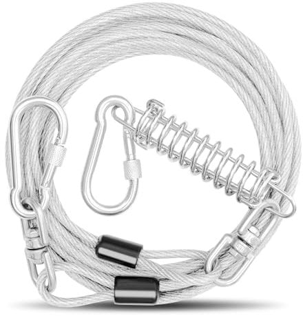Hoowoo 20FT Dog Tie Out Cable for Camping & Outdoor, Chew Proof Dog Runner Cable with Swivel Lockable Hook, Durable Buffer Spring, Yard & Garden Lead
