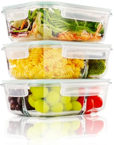 YBCPACK 3er Set 1040ml Meal Prep Boxen Glas 1&2&3 Fächer Glasbehälter mit Deckel - Luftdicht, BPA-Frei, Gefrierschrank und Ofen Sicher Mealprepboxen - Glas Frischhaltedosen für Meal Prep