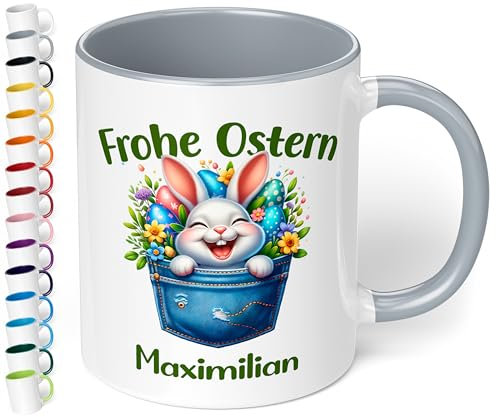 Tasse als Ostergeschenk personalisiert „Frohe Ostern“ Motiv: Osterhase Ostereier – 330ml Keramik Kaffeetasse mit Spruch – kleine Geschenke zu Ostern Easter gift (Grau)