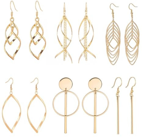 LEEQBCR 6 Pair Ladies Girls Boho Dangle Earrings Stainless Steel Hypoallergenic Earrings Tassel Leaf Wave Costume Jewellery (Gold)