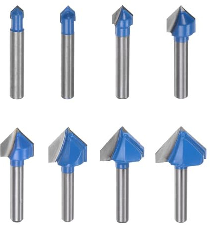 QUARKZMAN 1Ensemble Jeu Fraises Défonceuse 6,3/8,1/9,5/12,7/15,8/19/22/25,4mm Diamètre Queue 1/4 Carbure Tungstène en Forme V à 90 Degrés pour Menuiserie Gravure Finition Des Bords Découpe