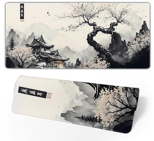 Donboly Gaming Mouse Pad Japanese Pagoda and Cherry Blossoms Branch Oversized Mouse Mat Desk Pad maxpad XXL, Sewn Edges Non-Slip Rubber Base Mousepad (Plum Blossom, 90x40x0.3cm)