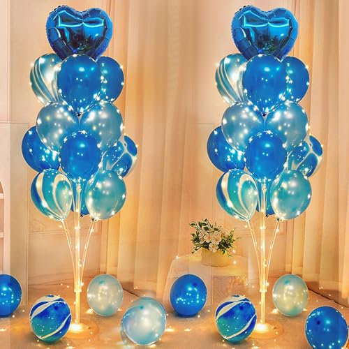 2 Pezzi LED Supporto per Palloncini, 1.3 m Palloncini Sticks Supporti, Riutilizzabile Bastoncini per Palloncini Kit con Azzurro Palloncini e Luci per Matrimoni, Compleanni, Feste