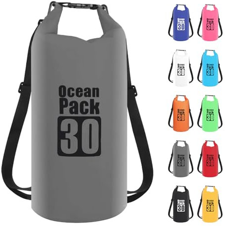30L Grau Wasserdichte Tasche, Dry Bag 2L/5L/10L/15L/20L/30L mit Verstellbarem Gurt, Schützt Telefon/Karte, Roll Top Wasserdichter Beutel Rucksack für Schwimmen/Rafting/Kajak/Bootfahren/Camping/Strand
