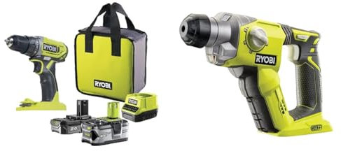 RYOBI - Perceuse-Visseuse Sans Fil 18V ONE+ - 2 Vitesses - Livrée avec 1 Batterie Lithium+ 2,0Ah & Marteau perforateur à batterie SDS-PLUS 18V 15Nm (sans batterie) - R18SDS-0