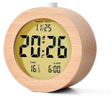 Focenat Holz Digitalwecker,Wecker Digital Holzdekor,Batteriebetriebene Uhr Tischuhr,Retro Uhr Rund,LCD Alarm Clock,mit Temperaturanzeige,Snooze,Hintergrundbeleuchtung,für Schlafzimmer,Büro