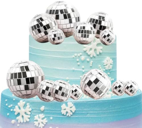 12PCS Small Mini Disco Ball Cake Topper, 4 Sizes for Cake Decorations,Birthday Ornaments for 70s Themed Dance Party Favor Supplies Christmas Tree Decor Accessories