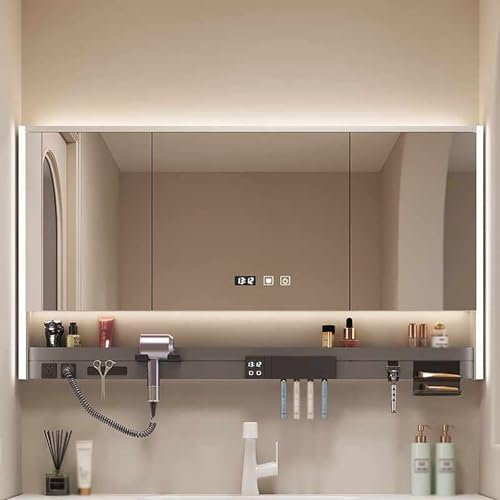 Armoire Toilette Miroir Avec Éclairage Et Prise, Armoire Murale Salle De Bain Avec 3 Portes Miroir, Armoire De Toilette Avec Etagere Miroir Salle De Bain Avec Rangement(White,120*70cm/47.2*27.5in)