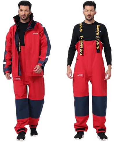 Navis Marine Herren Segeljacken Set – Wasserdicht & Atmungsaktiv – Hochleistungs-Segelbekleidung für Hochsee & Küstengewässer mit Verstellbarer Trägerhose & Sichtbarer Kapuze NS-147(Rot,M)
