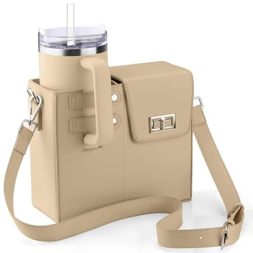 hibear Stanley Cup Purse,Water Bottle Crossbody with Cup Holder,Outdoor Portable Stanley Cup Bag,Adjustable Shoulder Strap, Beige, 9.06x7.87x3.74inch