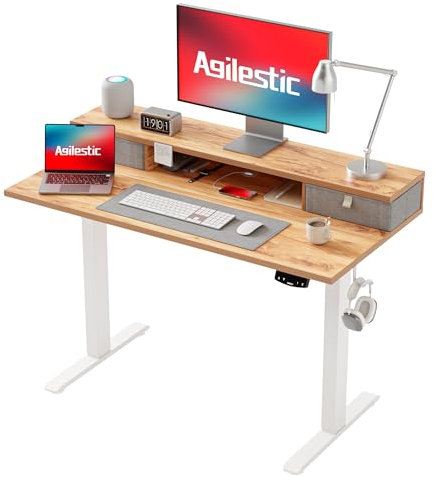 Agilestic Electric Adjustable Height Desk with 2 Drawers, 100 x 60 cm, Stable Sit-Stand Desk with Memory Control, Ergonomic Computer Desk, Light Brown