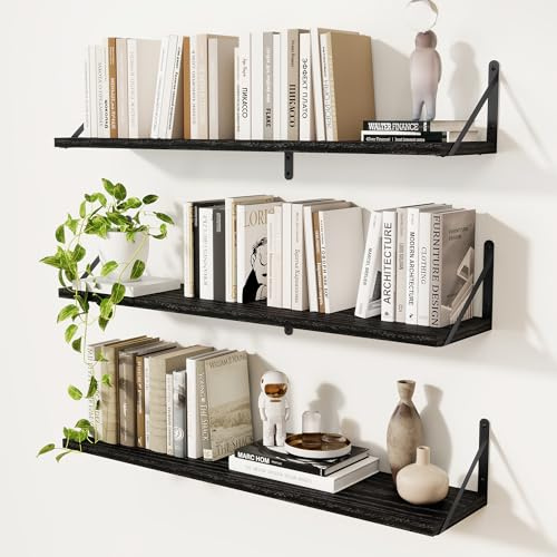 Feihorrm Set of 3 Book Shelf, Black Shelves, 90cm Wall Shelves | Wooden Shelves, Shelves for Wall, Wall Mounted Shelves, Bookshelf for Bedroom, Living Room, Home Office & Book Storage
