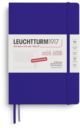 LEUCHTTURM1917 372639 - Agenda settimanale accademica, misura media (A5) 2026, 18 mesi, 07.2025-12.2026, copertina rigida, inchiostro tedesco