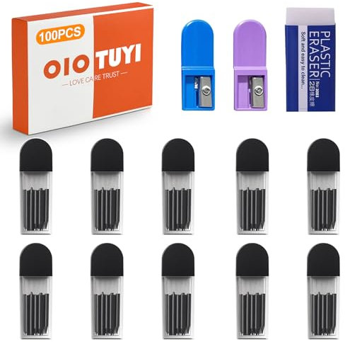 OioTuyi 100 Stück 2B Zirkelminen 2mm mit Radiergummi & Zirkelspitzer – Zirkelersatzminen für Mathematische Zeichnungserstellung, Holzbearbeitungsmarker