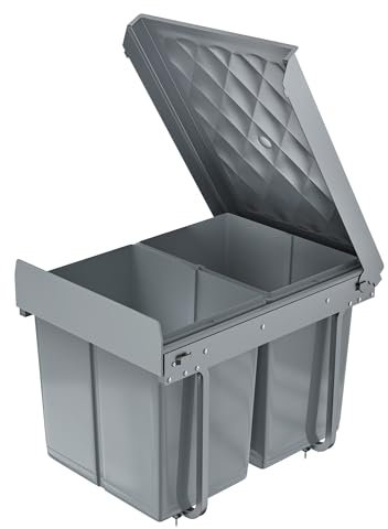 LILIIN Poubelle de cuisine intégrée, poubelle de cuisine, meuble inférieur, système de tri sélectif, avec rails télescopiques, gris (2 x 15 l)