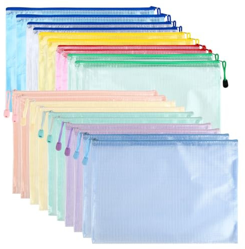 YOPEUC 20 Pezzi Borse di File A4,Sacchetto di Zip Impermeabile 10 Colori,Mesh Sacchetto del Documento per Documenti,Ricevute Cosmetici,A4 Busta Plastica 33,5 x 24CM