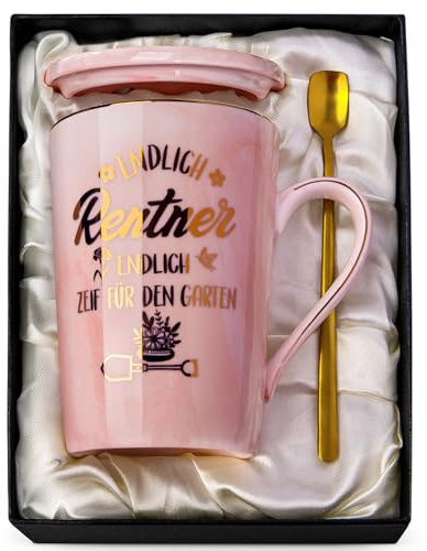 Ruhestand Geschenk Frauen, Geschenkideen Zum Renteneintritt Geschenk Frau, 400 ml Rosa Marmor Rentnerin Tasse mit Golddruck, Geschenke für Rentner, Becher mit Deckel Löffel, Grußkarten, Geschenkbox