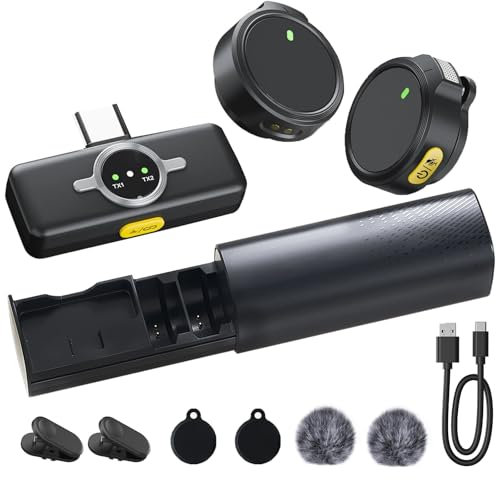 Wireless Lavalier Microphone for Android/Type-C iPhone15, Noise Reduction Lapel Mic with Charging Case, Clip on Mic, Mini Microphone for Video Recording, Vlogging, TikTok, Singing, YouTube