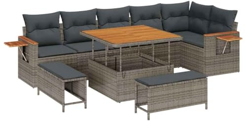 vidaXL Garten-Sofa-Set mit Kissen mit Speicher 9 pcs Grau Poly Rattan, Garten und Terrasse, modernes Outdoor-Sofa, UV-beständiges Mobiliar, Lounge-Set für die Terrasse