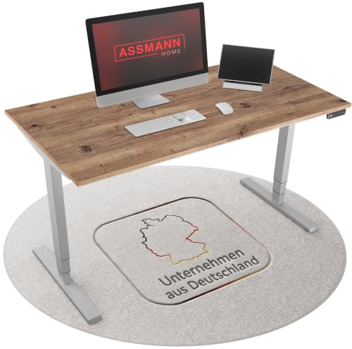 ASSMANN Höhenverstellbarer Schreibtisch elektrisch, 120x70cm, TÜV-geprüft | stufenlos verstellbar mit Aufprallschutz, ergonomischer Schreibtisch Made in Germany - Y-Line, Eiche Tabak/Silber