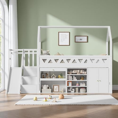 Zubaliya Lit Enfant 90x200 avec Toboggan et escalier,lit cabane Enfants avec tiroirs et casier,Cadre de lit 1 Personne avec Garde-Corps et sommier à Lattes,sans Matelas,Bois Massif,Blanc