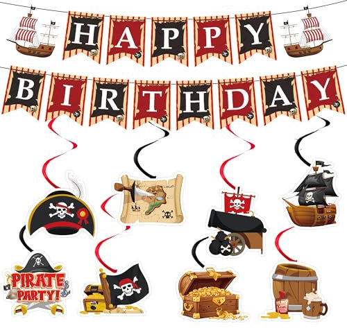 Piraten Deko Kindergeburtstag Banner Set - 10 StüCk Happy Birthday Banner Und HäNgende Wirbel Deko Piraten KapitäN Hut SchäDel Papagei SchäTze FüR Junge MäDchen Geburtstag Halloween