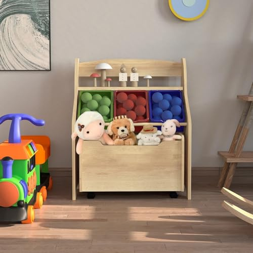 HYGRAD® Wooden Kids Toy Storage Organizer, 3 Plastic Bins, Extra Rolling Toy Box Chest & Storage Shelf, Toddler Furniture Storage Unit with Wheels for Child's Bedroom Playroom (Natural)