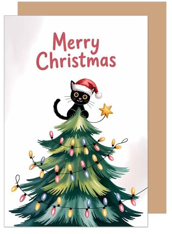 Edition Seidel Premium Grußkarte zu Weihnachten mit Umschlag. Glückwunschkarte Weihnachtskarte Karte englisch für Frau Mann Retro Merry Christmas Xmas Weihnachtsbaum Katze (W1146 SW025)
