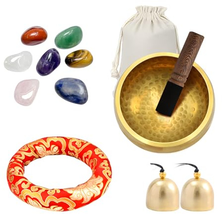 Tibetisches Klangschalen Set, Meditationsklangschale, 8cm Hand Gehämmert Messing Klangschale Holz Klöppel, Klangschalenkissen& 2Pcs Messingglocke,7pcs Chakra-Stein Für Meditation Yoga Achtsamkeit