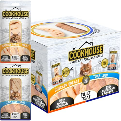COOKHOUSE 100% Pure Chicken Breast / 100% Whole Tuna Loin Fillet Luxury Cat Treats - 24 x 30g Pouches - 100% Natural - Grain Free - High Protein - Low Fat Cat Snack